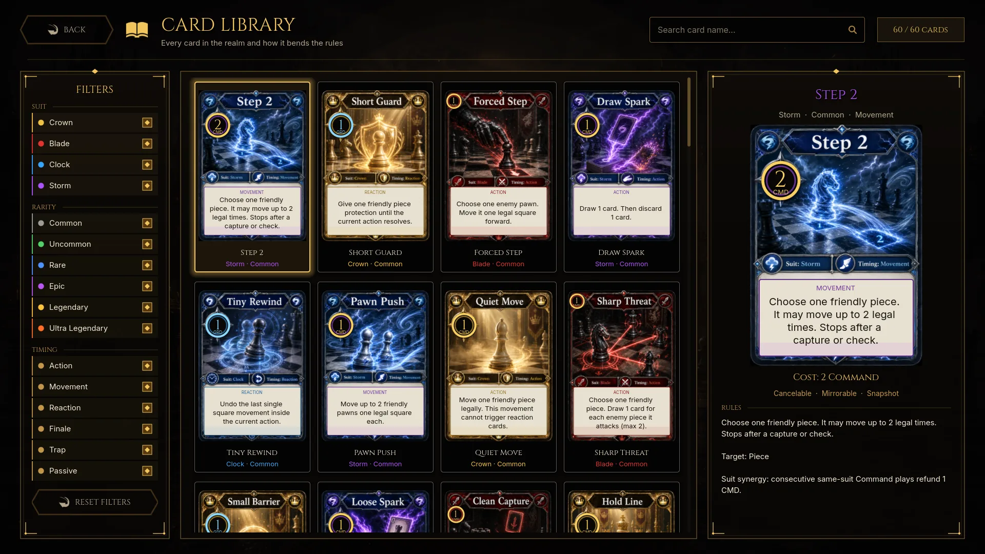 Card library: Browse all 60 cards by suit, timing and rarity.