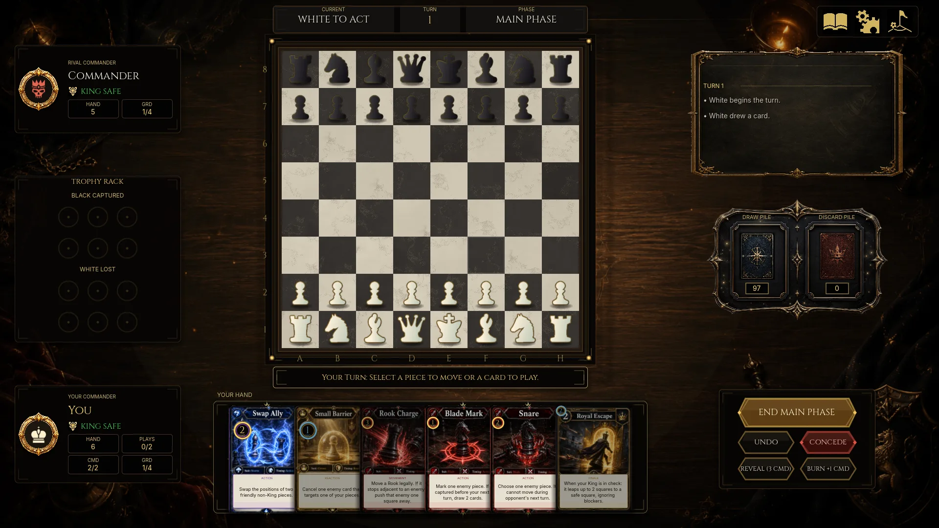 The board: Your hand, your Command and Guard, and a marble board under candlelight.